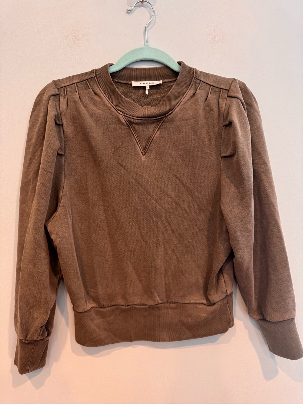 FRAME Shirred Puff-Sleeve Crewneck Sweatshirt S